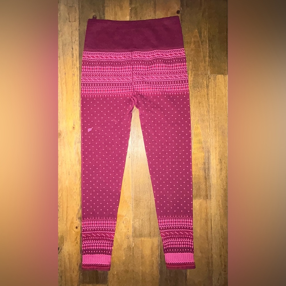 Fabletics High-Waisted Seamless Pink and Maroon Fair Isle Leggings - Picture 5 of 11